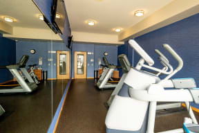 A bright fitness room here at Gallery Flats Apartment Homes with blue walls features multiple treadmills aligned under ceiling lights. A large wall mirror enhances the spacious feel.