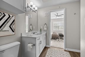 a bathroom with a mirror and a toilet and a sink