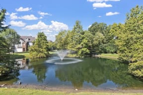 a fountain in the middle of a pond