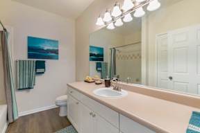 A bathroom with a sink, toilet, and a painting of a beach scene.