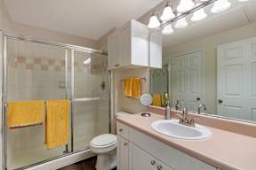 A bathroom with a sink, toilet, and shower.