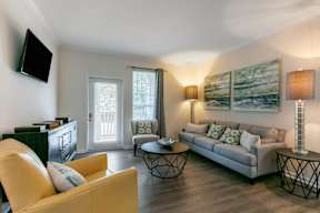 A living room with a yellow couch, a grey couch, a coffee table, and a television.