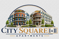 A logo for City Square I & II Apartments featuring a building.