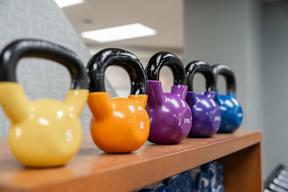 A row of kettlebells in various colors are lined up on a shelf.