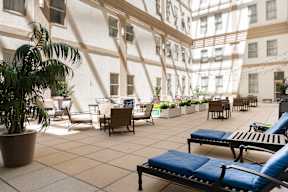 A sunny day at the patio with blue chairs and a potted plant.