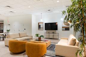 A living room with a white couch, a yellow chair, and a television.