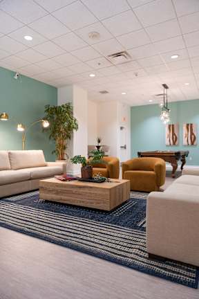 A living room with a couch, chair, and potted plant.