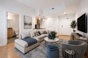 A living room with a white couch and a blue rug.