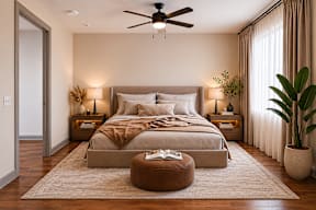 A bedroom with a large bed, a ceiling fan, and a potted plant.