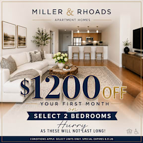 A promotional image for Miller & Rhoads Apartment Homes offering $1200 off the first month for selecting 2 bedrooms.
