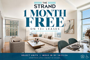 A living room with a 1 month free offer on 13+ leases.