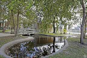 A pond in a park with trees around it.