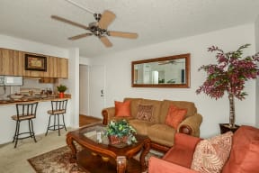 Park Avenue Apartments Tampa Florida Living Room Open Concept with View of Kitchen Bar and Stools