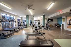 A gym with treadmills, exercise bikes, and other equipment.