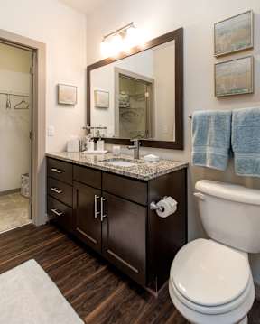 A bathroom with a toilet, sink, and mirror.