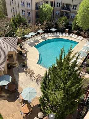 A pool surrounded by chairs and trees.