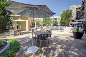 A patio with a table and chairs under a canopy.
