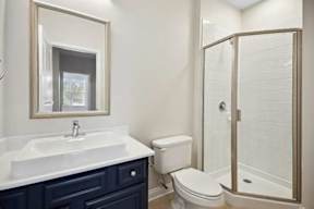 A white sink is in a bathroom with a toilet and a walk-in shower.