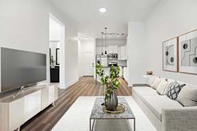 A modern living room with a grey sofa and a grey television.