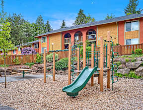 Heritage Woods playground with slide, climbing apparatus and picnic table