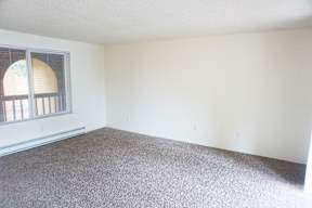 an empty room with carpet and a window