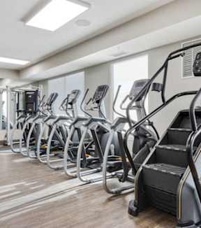 Cardio equipment line with ellipticals and steppers at Arden of Oak Brook Apartments, Oakbrook Terrace, 60181