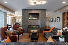 Community lounge with fireplace and flat screen television at Arden of Oak Brook Apartments, Illinois, 60181