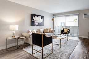 a living room with a couch and chairs and a window