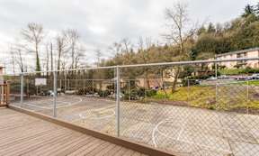 a basketball court in a backyard behind a fence