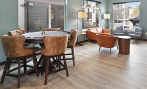 a dining room with a table and chairs in a restaurant