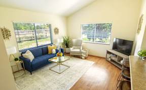A living room with a blue couch, a coffee table, and a television.