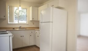 a kitchen with a white refrigerator and a sink