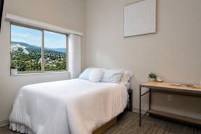 A bedroom with a large bed and a view of the city.