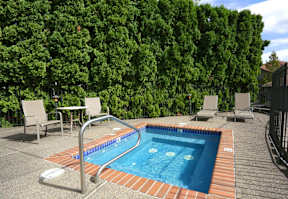 A small pool surrounded by a brick border and a table and chairs.