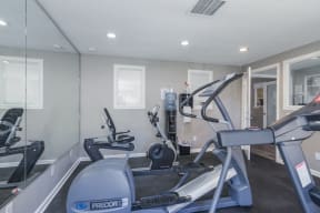 the gym with treadmills and ellipticals at the preserve at polk apartments