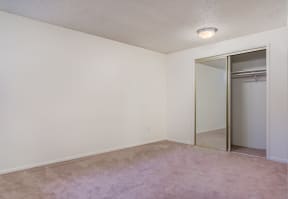 an empty living room with a mirrored closet door