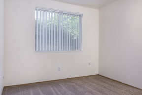 an empty room with a window and a carpet