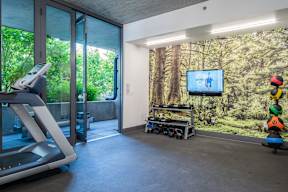 a gym with a tv and exercise equipment