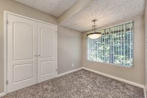 A room with a carpeted floor, a window with blinds, and a ceiling light fixture.