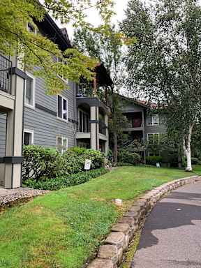 Apartment building with a stone wall and green grass.