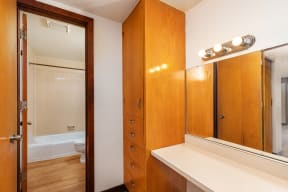 a bathroom with a shower and a sink and a mirror