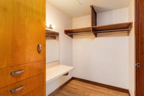 a walk in closet with a dresser and a mirror
