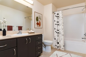 a bathroom with a black and white shower curtain