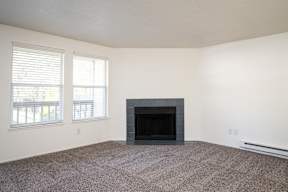 A room with a fireplace and two windows.