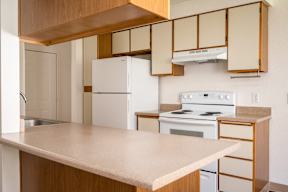 A kitchen with a white refrigerator and stove.