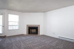 A room with a fireplace and a window.