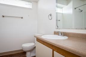 A bathroom with a toilet, sink, mirror, and shower.
