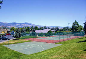 A basketball court is surrounded by a green lawn and a chain link fence.