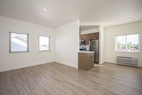 A spacious room with a kitchen area and a refrigerator.
