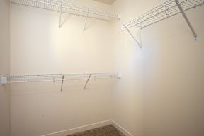 A room with a white wall and a carpeted floor with two metal racks on the wall.